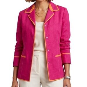 Pursuits Ltd Fuchsia Pink Linen Blend Blazer Orange Trim Snap Front Size 16